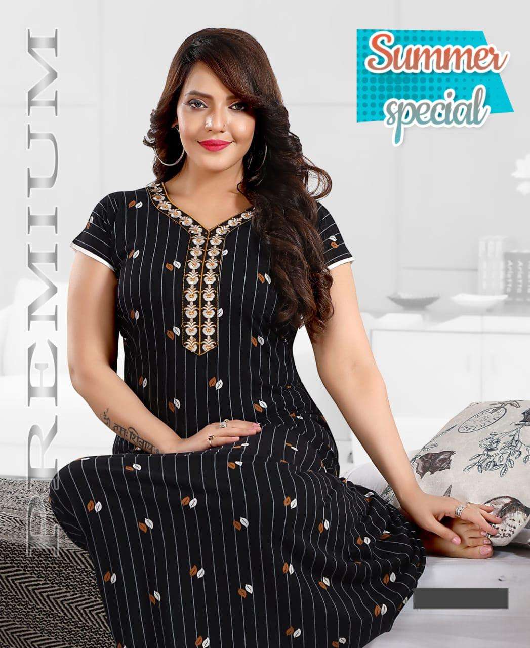 SUMMER SPECIAL SHINKER NIGHTY GOWN VOL.PRAGYA HEAVY SHINKER PRINTED HOSIERY COTTON NIGHTY GOWN WITH EMBROIDERY WORK CATALOG WHOLESALER BEST RATE