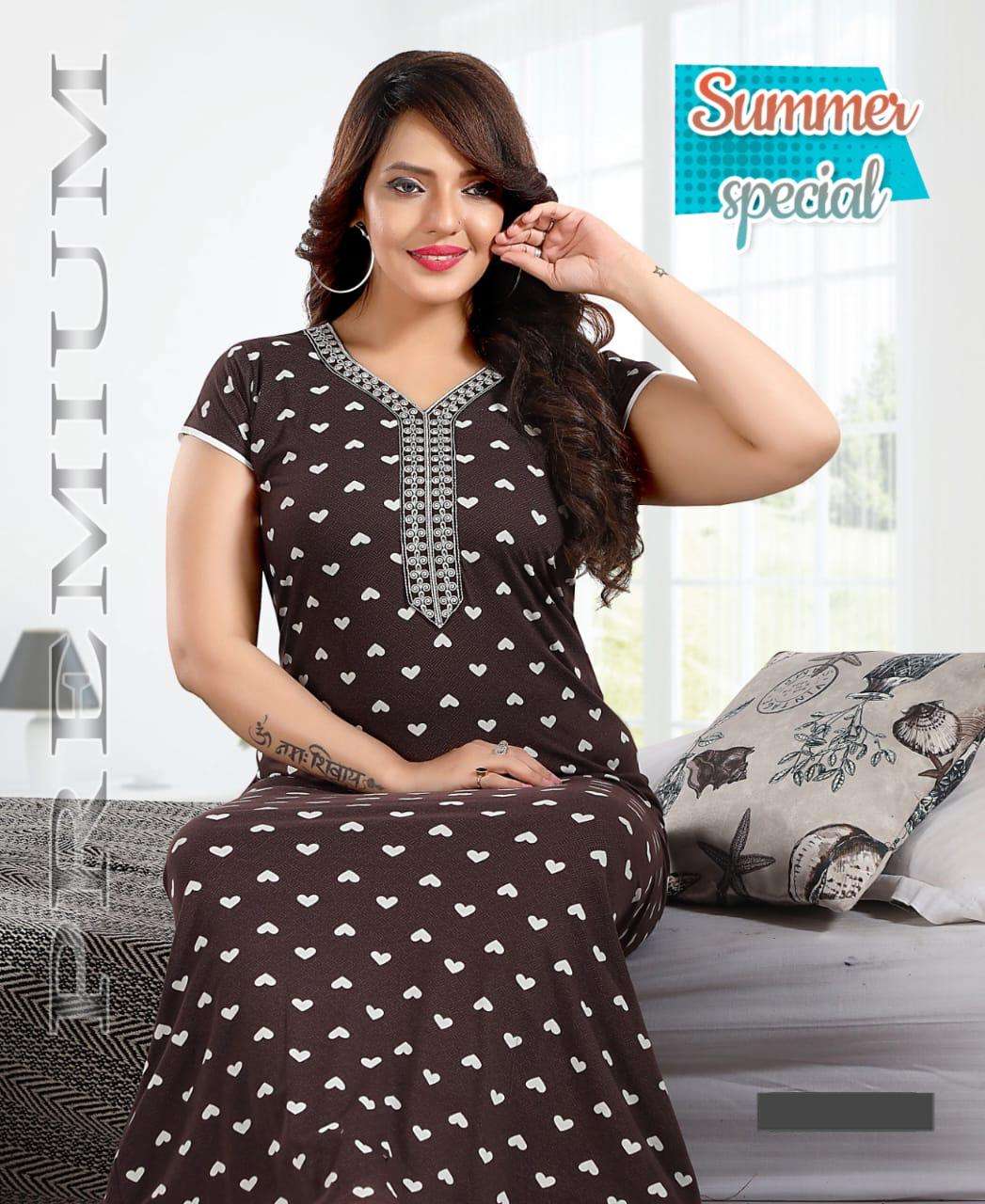 SUMMER SPECIAL SHINKER NIGHTY GOWN VOL.PRAGYA HEAVY SHINKER PRINTED HOSIERY COTTON NIGHTY GOWN WITH EMBROIDERY WORK CATALOG WHOLESALER BEST RATE