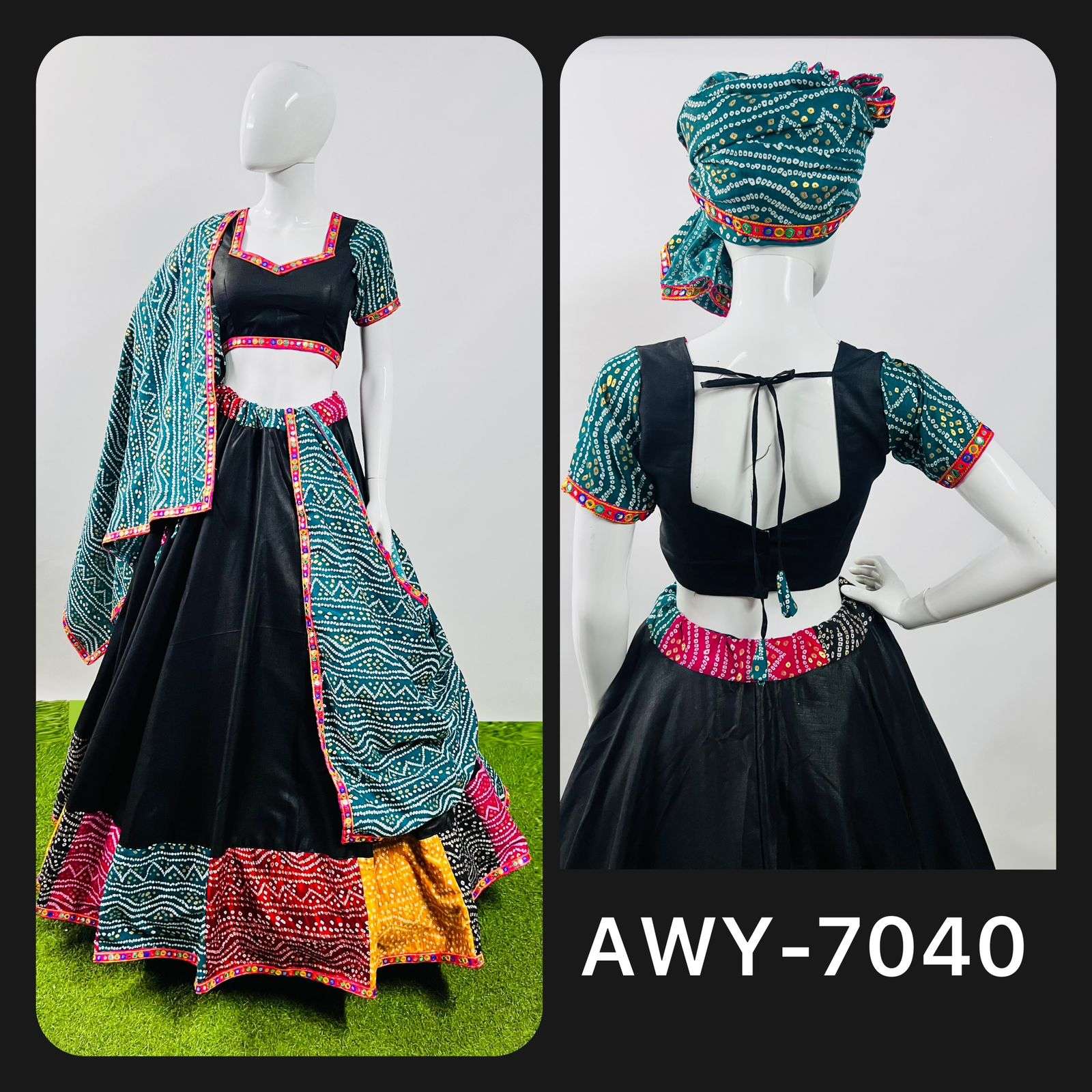 aawiya 7040 multi print lace work black color single navratri chaniya choli 