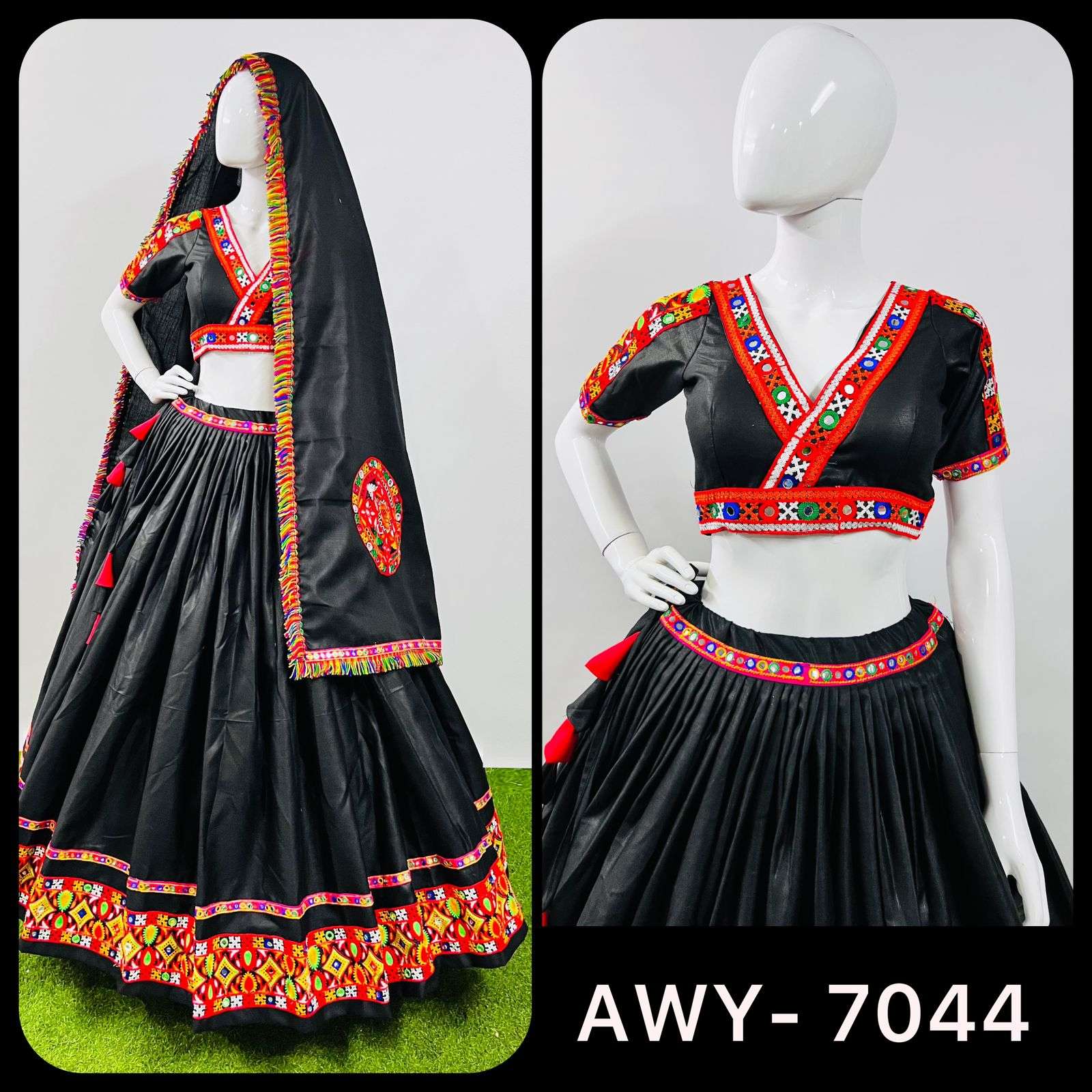 aawiya 7044 black color gamthi lace work navratri readymade single lehenga choli