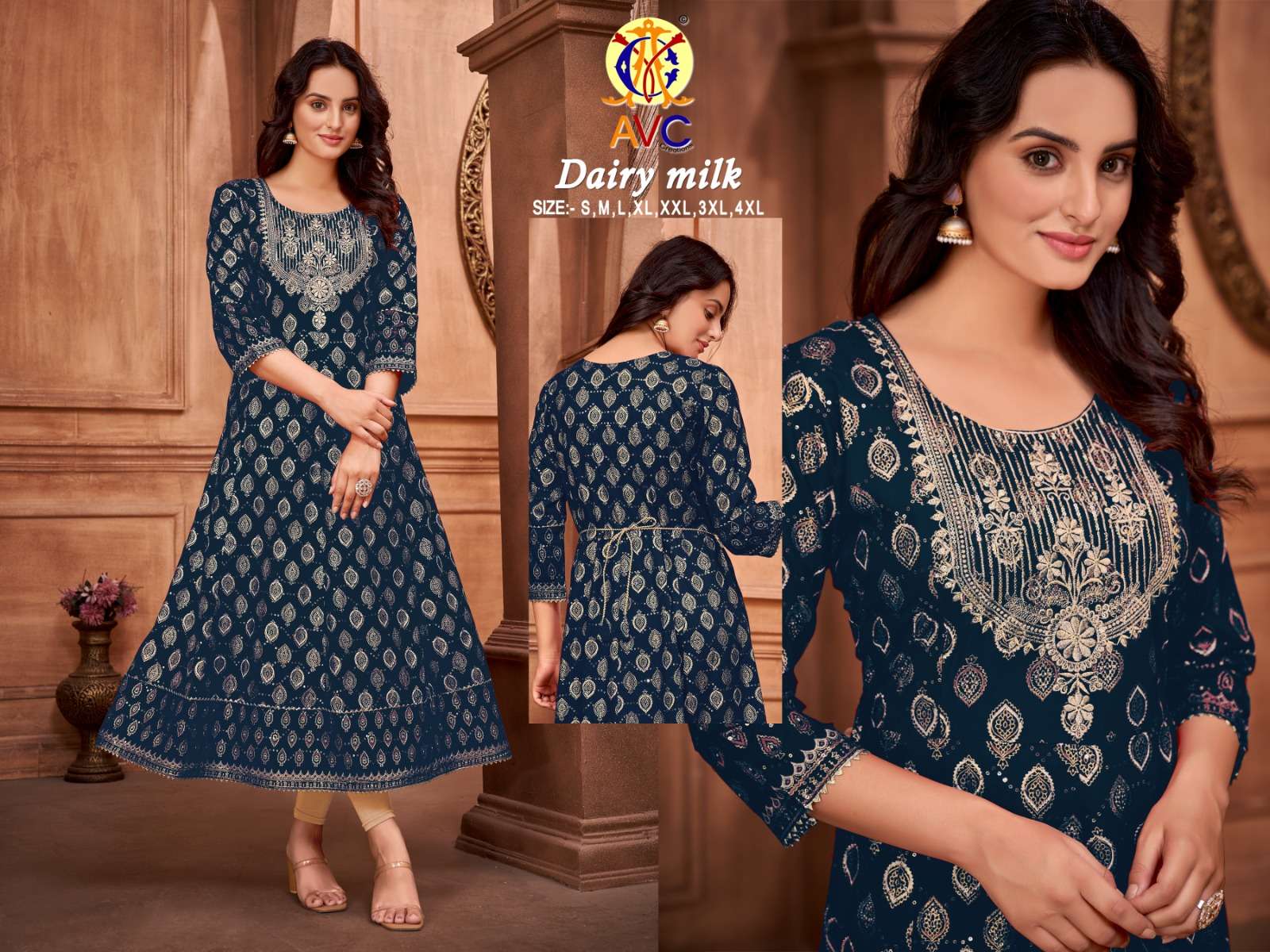 avc creation dairy milk amazing neck work long gown kurti catalog 