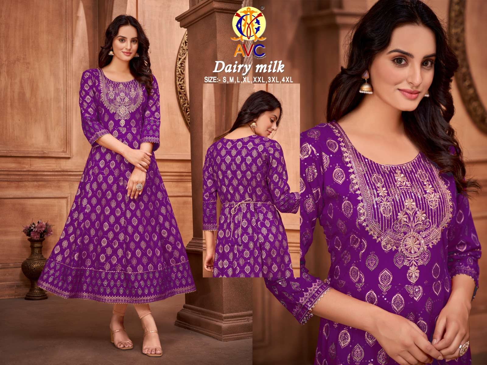 avc creation dairy milk amazing neck work long gown kurti catalog 