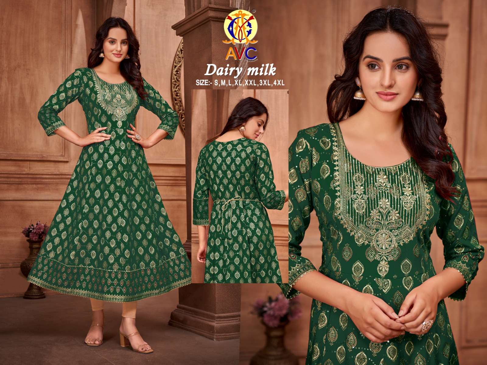avc creation dairy milk amazing neck work long gown kurti catalog 