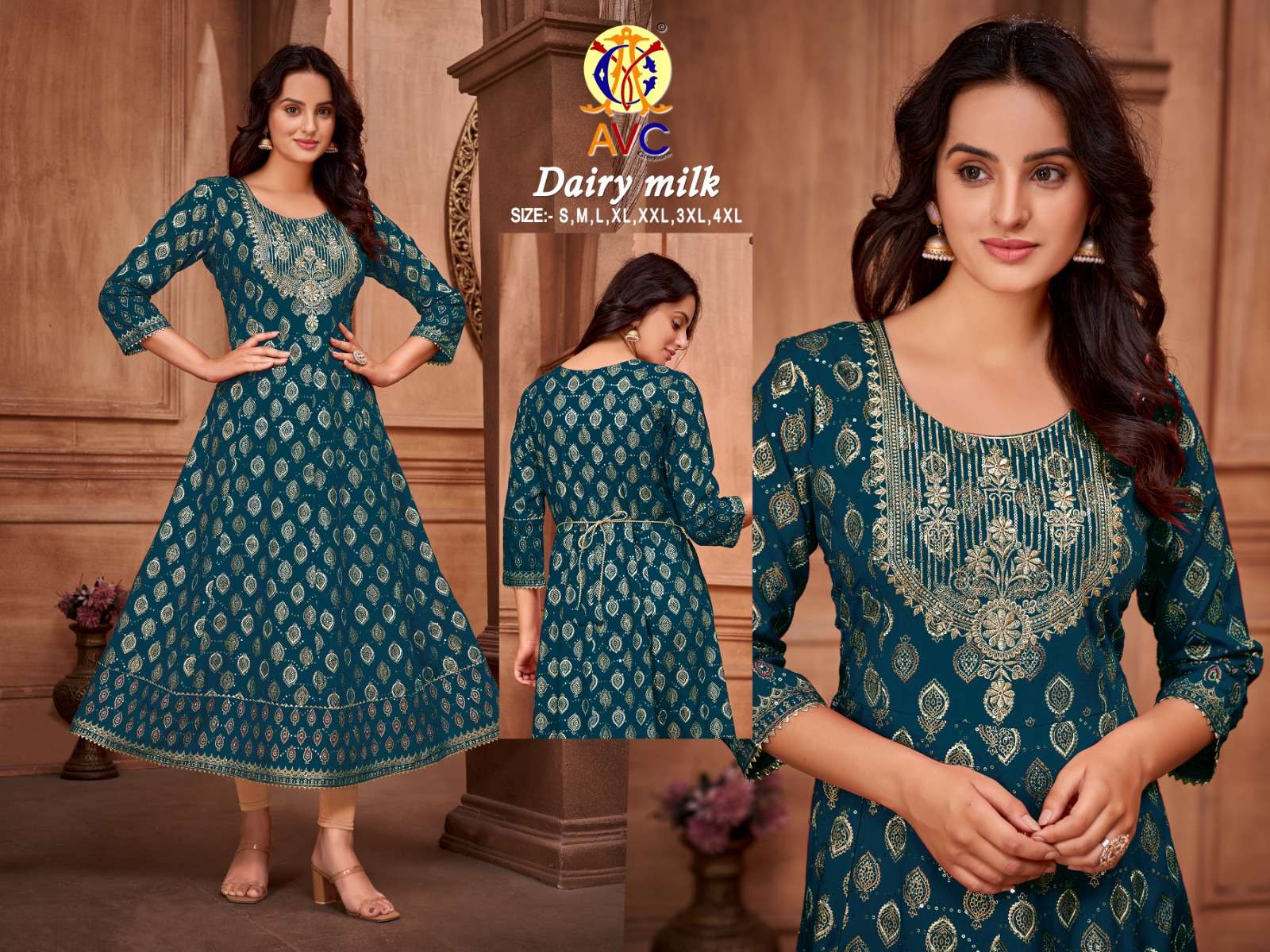 avc creation dairy milk amazing neck work long gown kurti catalog 