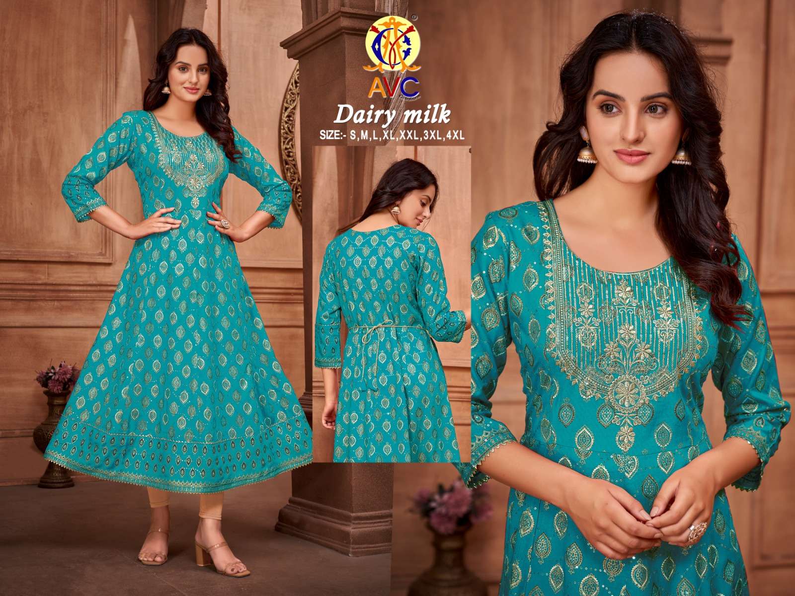 avc creation dairy milk amazing neck work long gown kurti catalog 
