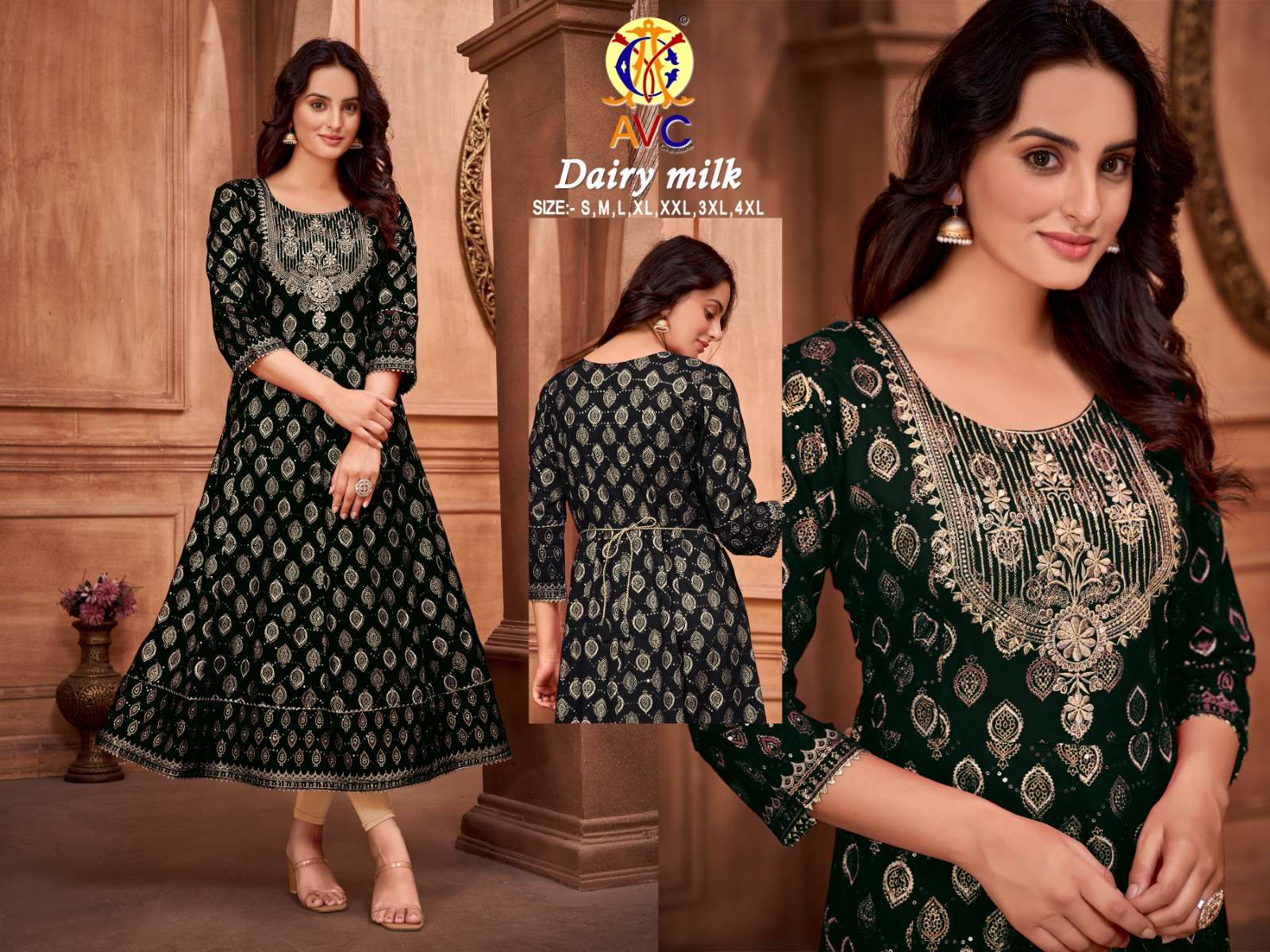 avc creation dairy milk amazing neck work long gown kurti catalog 