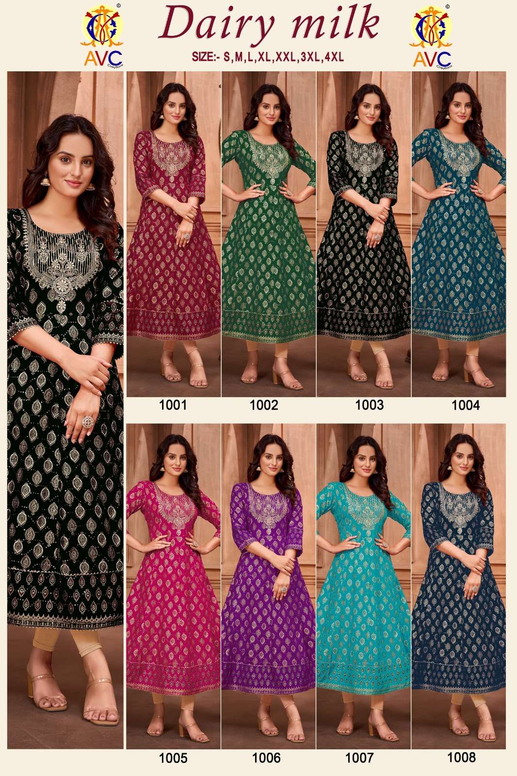 avc creation dairy milk amazing neck work long gown kurti catalog 