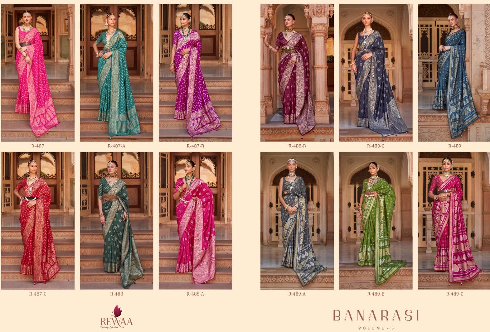 banarasi vol 3 by rewaa 487-489 designs colors banarasi silk sarees wholesaler 