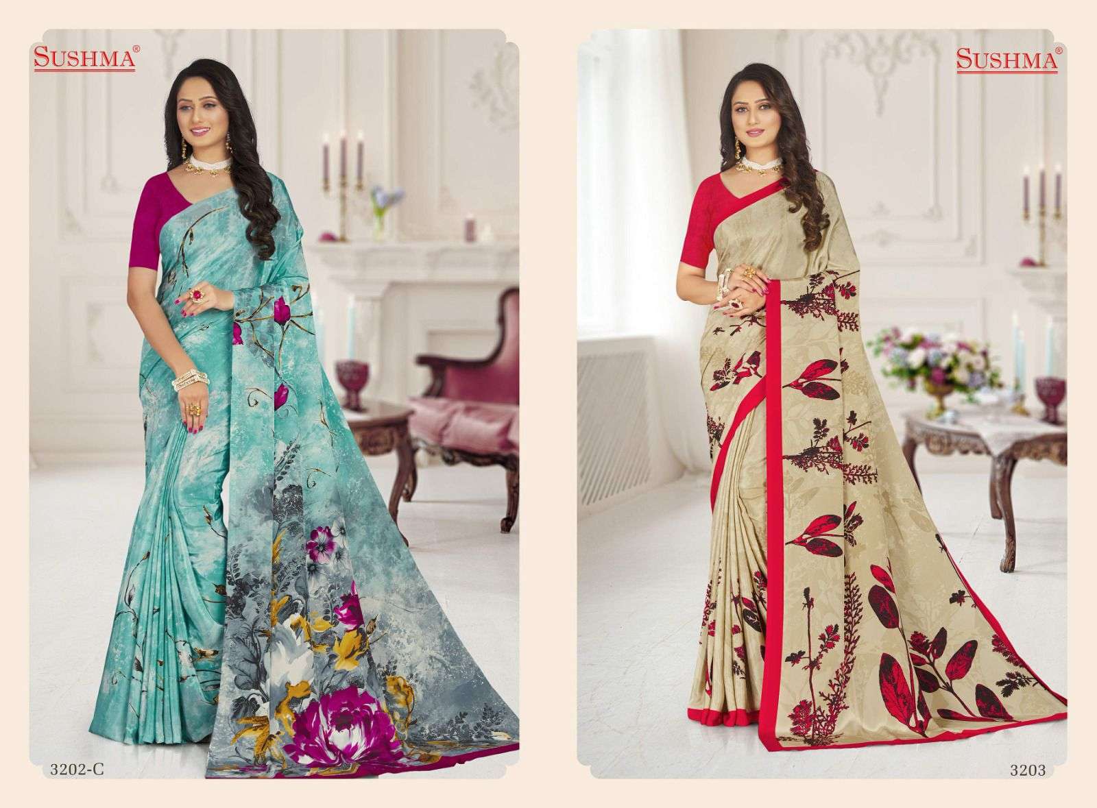 fashion 32 by sushma amazing designs printed crape sarees catalogue 