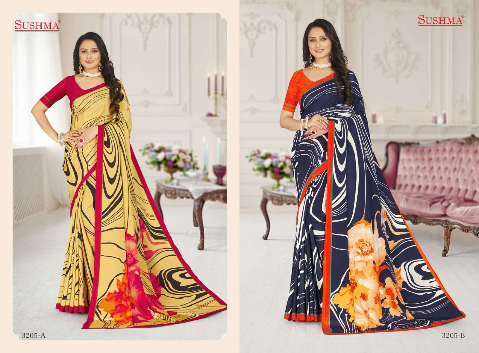 fashion 32 by sushma amazing designs printed crape sarees catalogue 