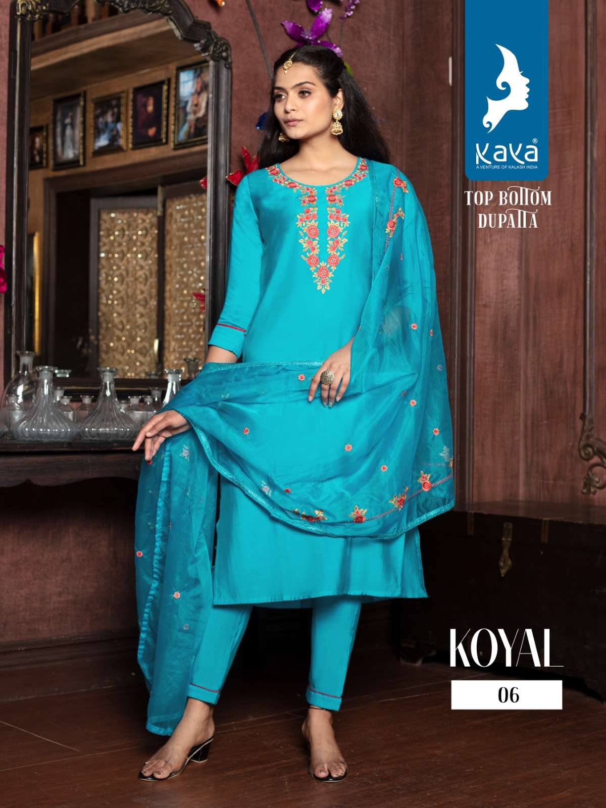kaya present koyal fancy 3pcs set amazing neck work kurti with pant and dupatta catalog