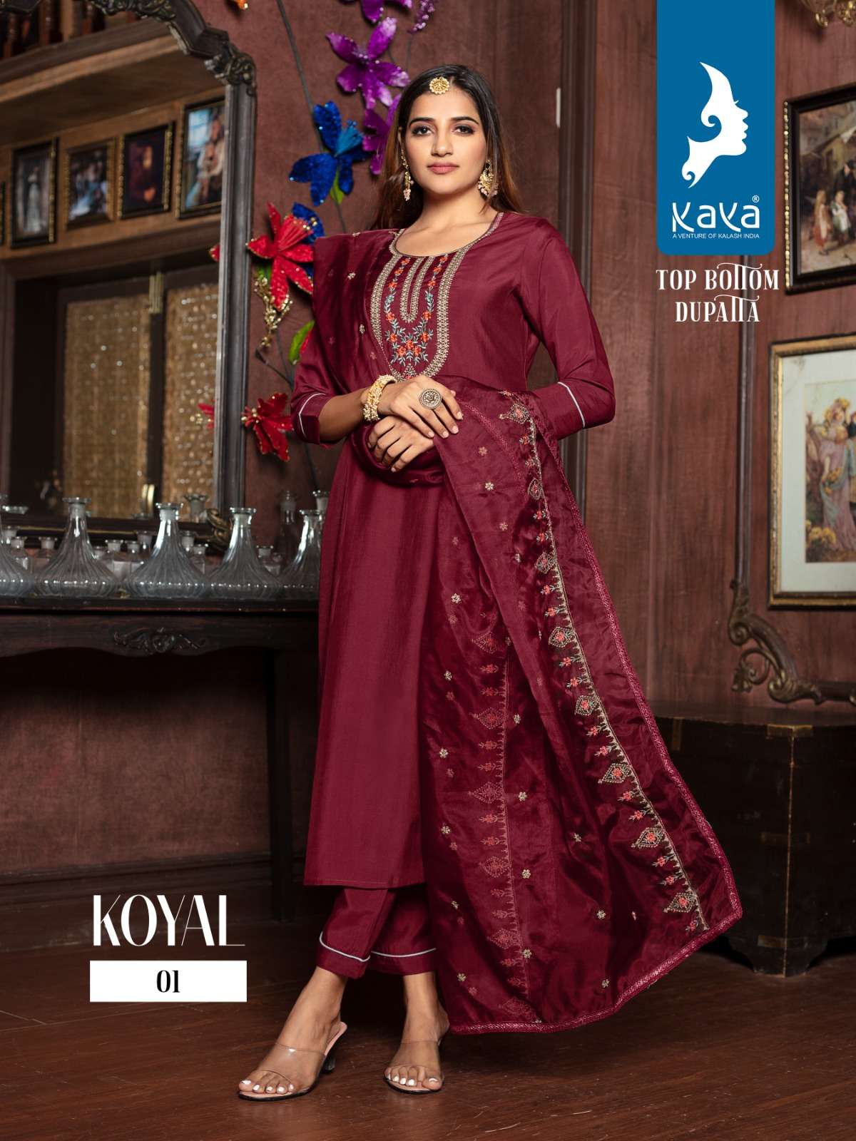kaya present koyal fancy 3pcs set amazing neck work kurti with pant and dupatta catalog