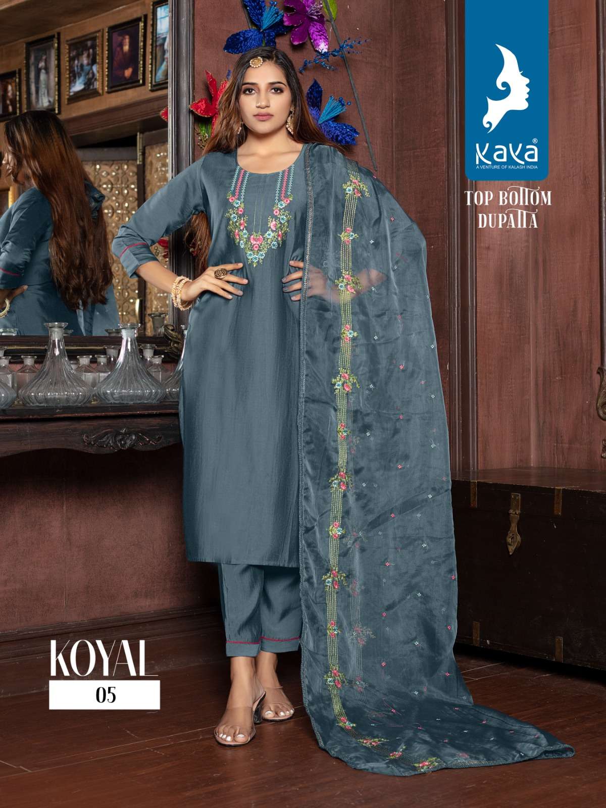 kaya present koyal fancy 3pcs set amazing neck work kurti with pant and dupatta catalog
