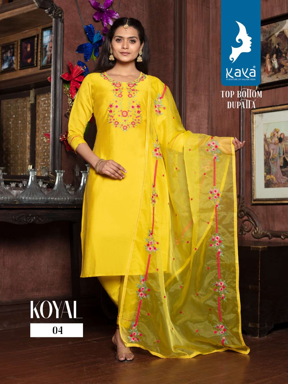 kaya present koyal fancy 3pcs set amazing neck work kurti with pant and dupatta catalog