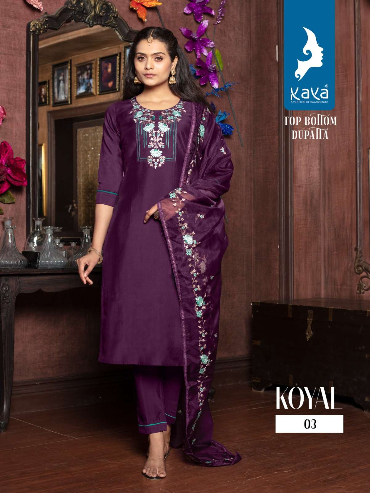 kaya present koyal fancy 3pcs set amazing neck work kurti with pant and dupatta catalog