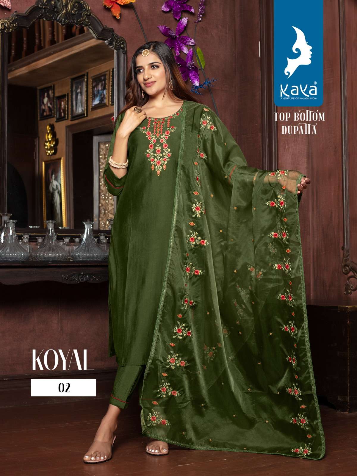 kaya present koyal fancy 3pcs set amazing neck work kurti with pant and dupatta catalog