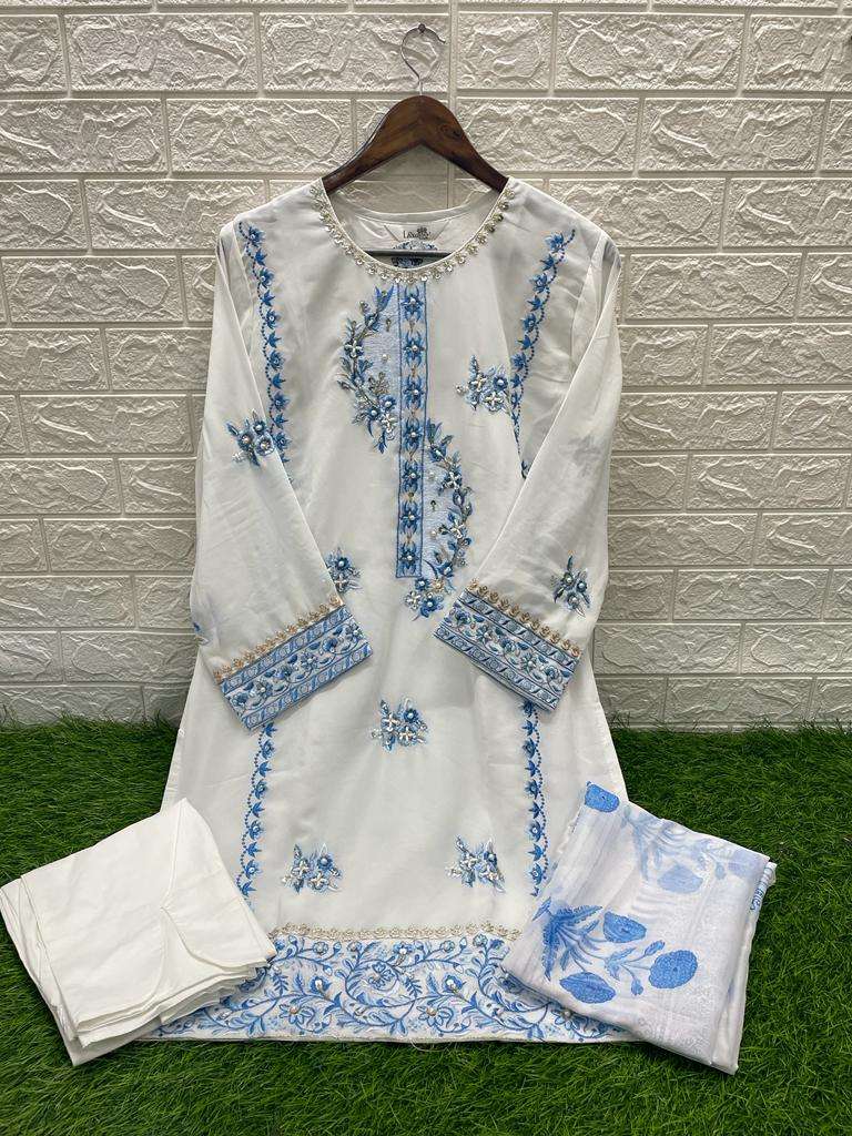 laxuria 1278 white color designer fancy pakistani kurti with pant and dupatta