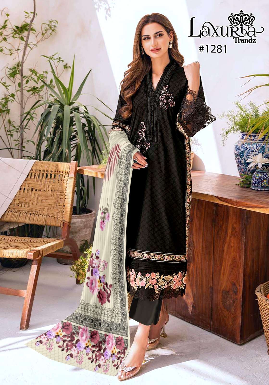 laxuria 1281 black color designer work pakistani kurti with pant and dupatta