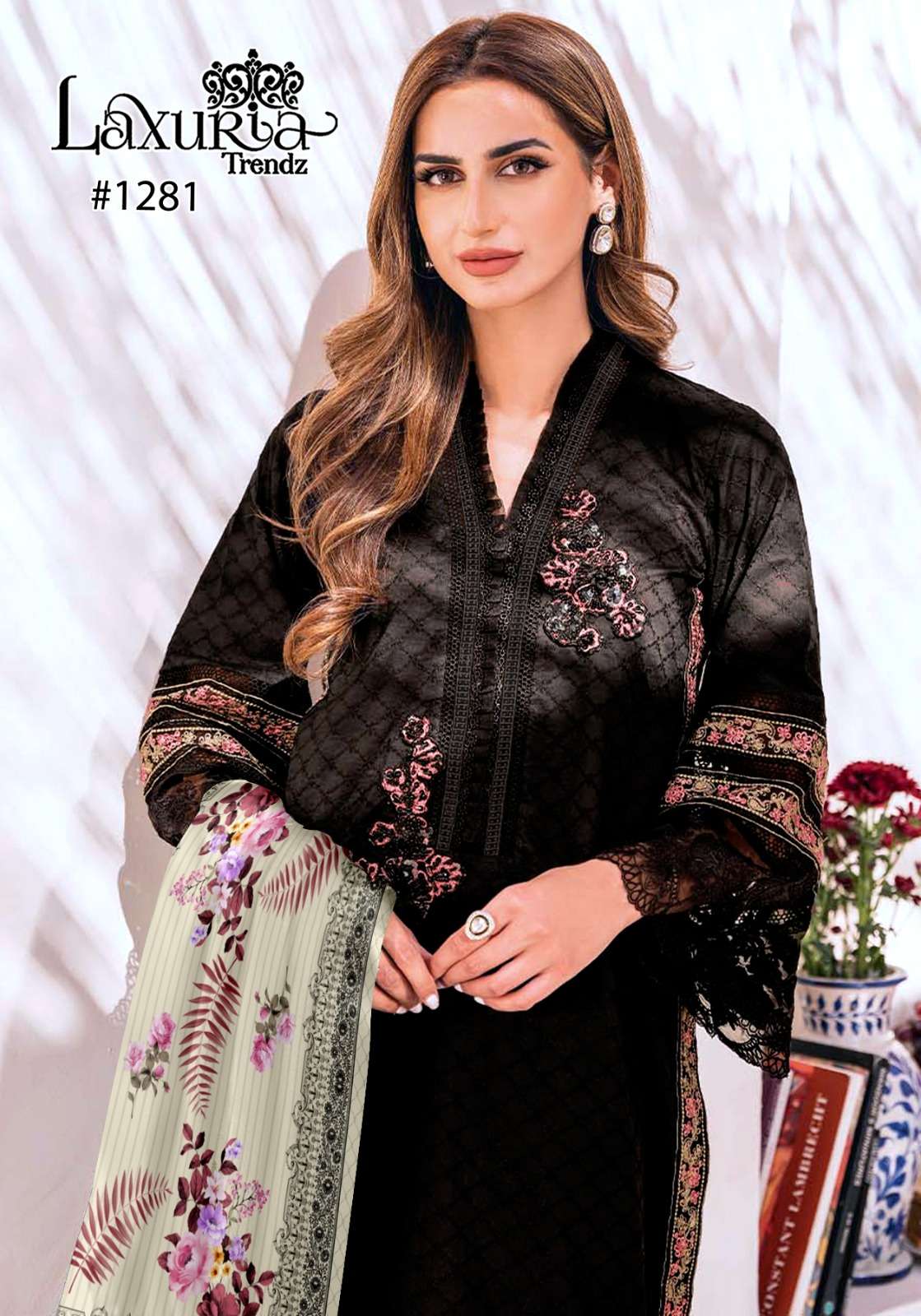 laxuria 1281 black color designer work pakistani kurti with pant and dupatta