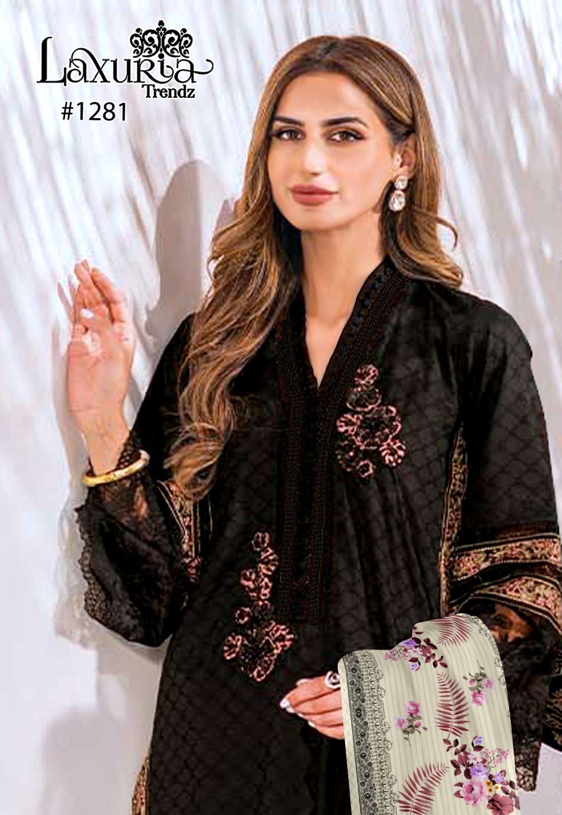 laxuria 1281 black color designer work pakistani kurti with pant and dupatta