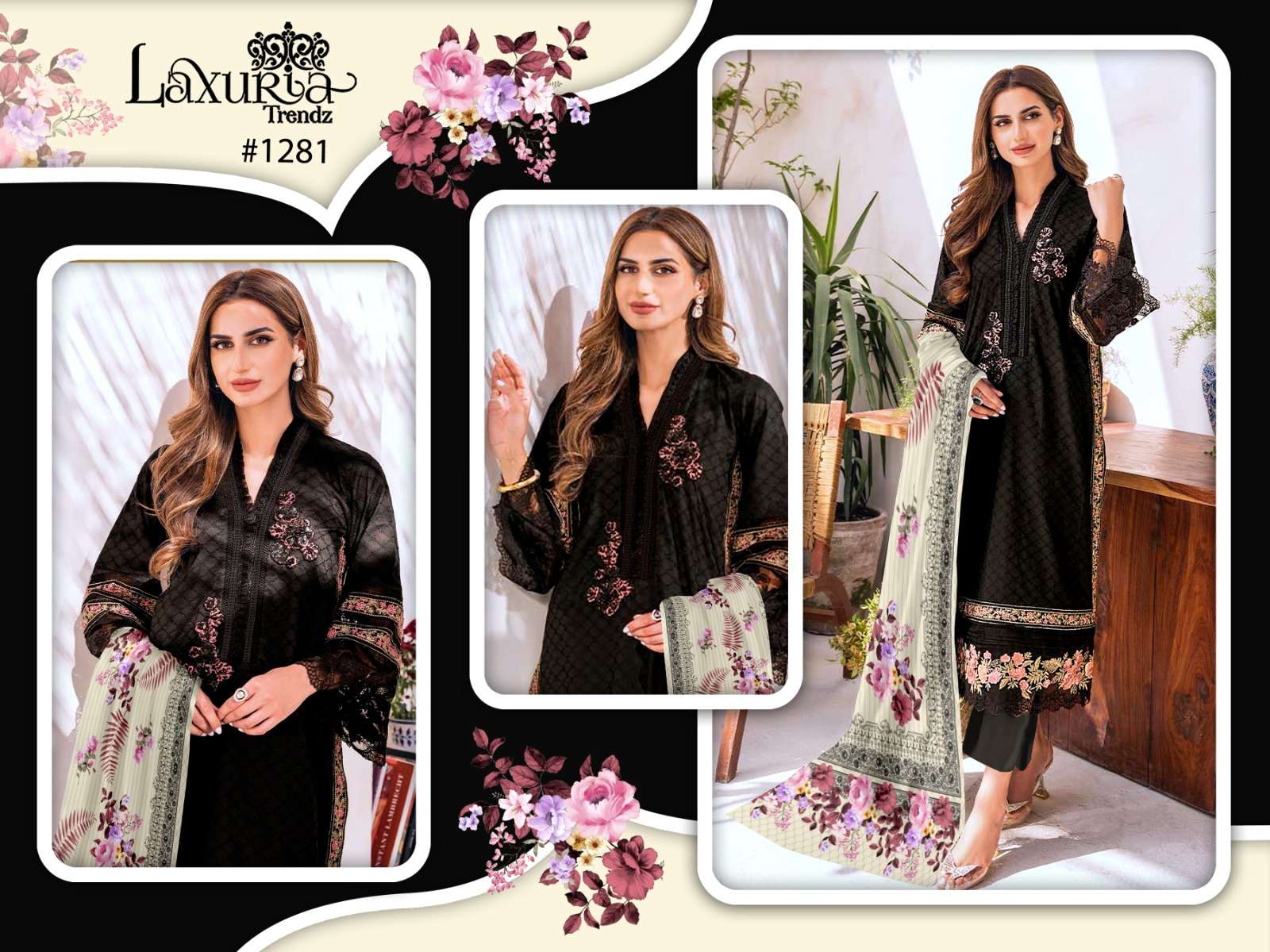 laxuria 1281 black color designer work pakistani kurti with pant and dupatta