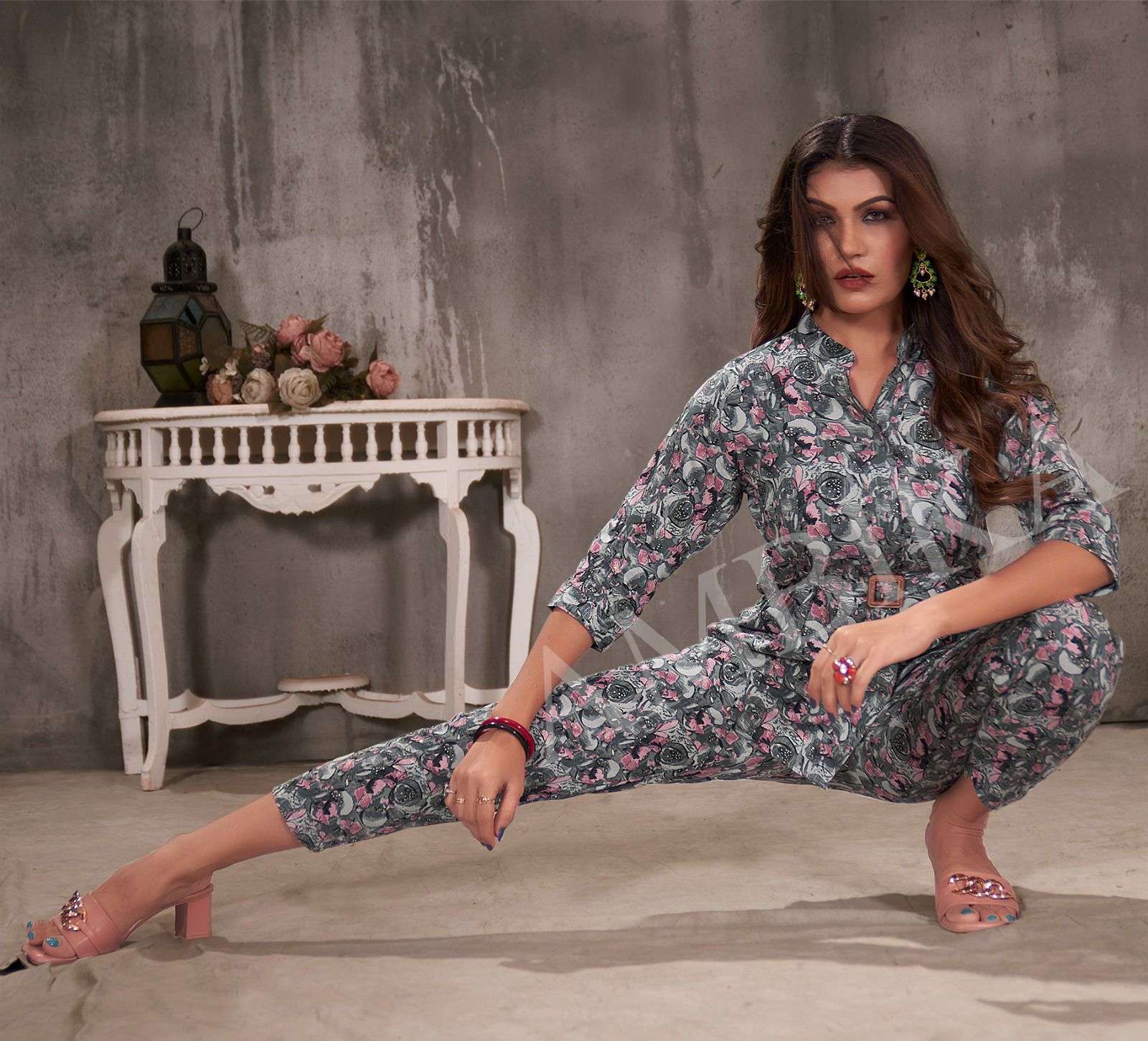 mast vol 2 by ambika kurtis fancy cord set foil print front open tunic with pant combo set 