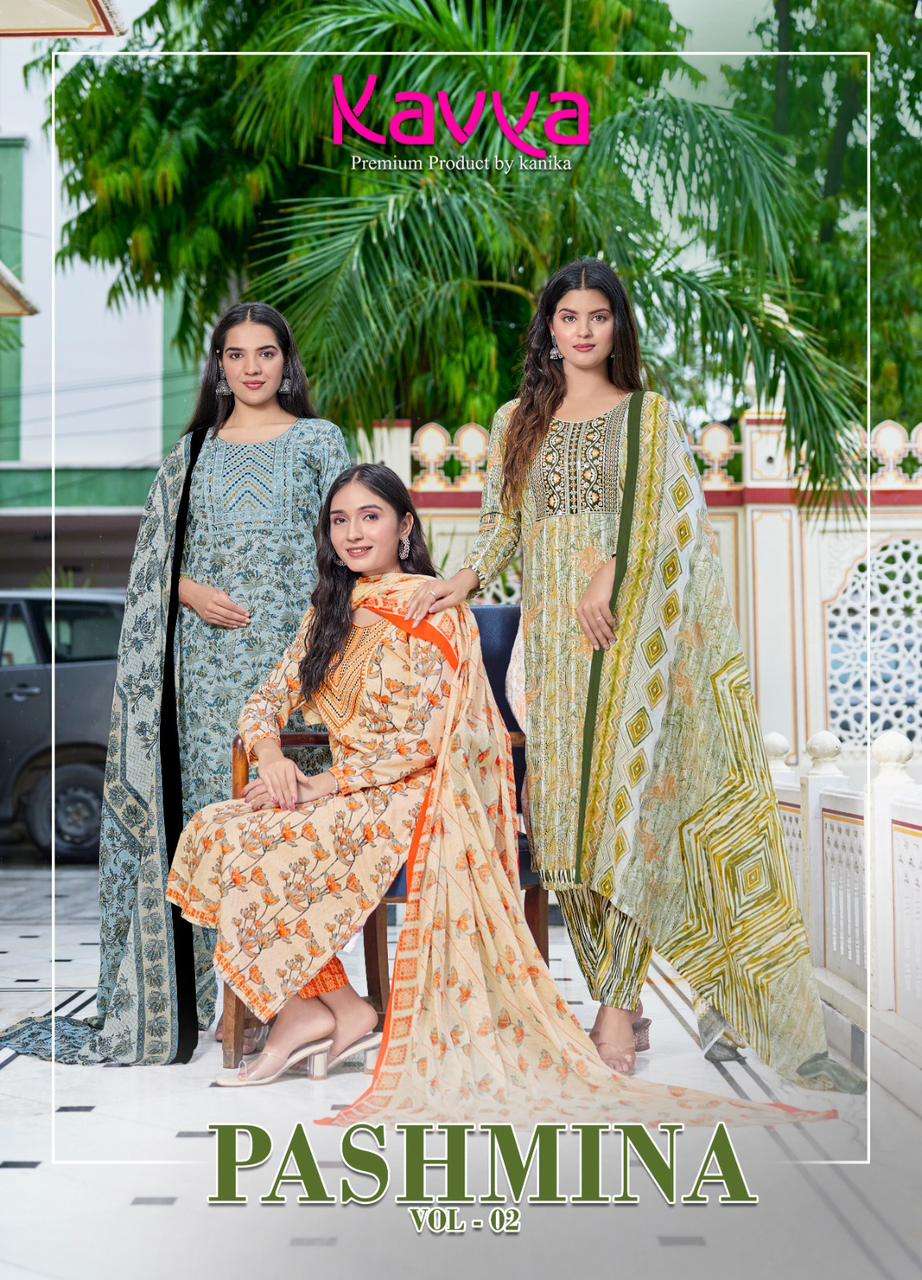 pashmina vol 2 by kavya kanika unique designs neck work kurti with pant and dupatta premium quality catalog 