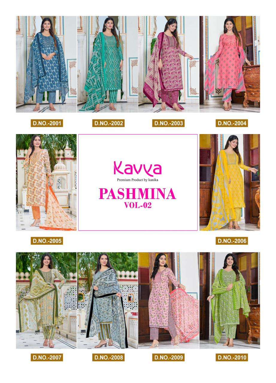 pashmina vol 2 by kavya kanika unique designs neck work kurti with pant and dupatta premium quality catalog 