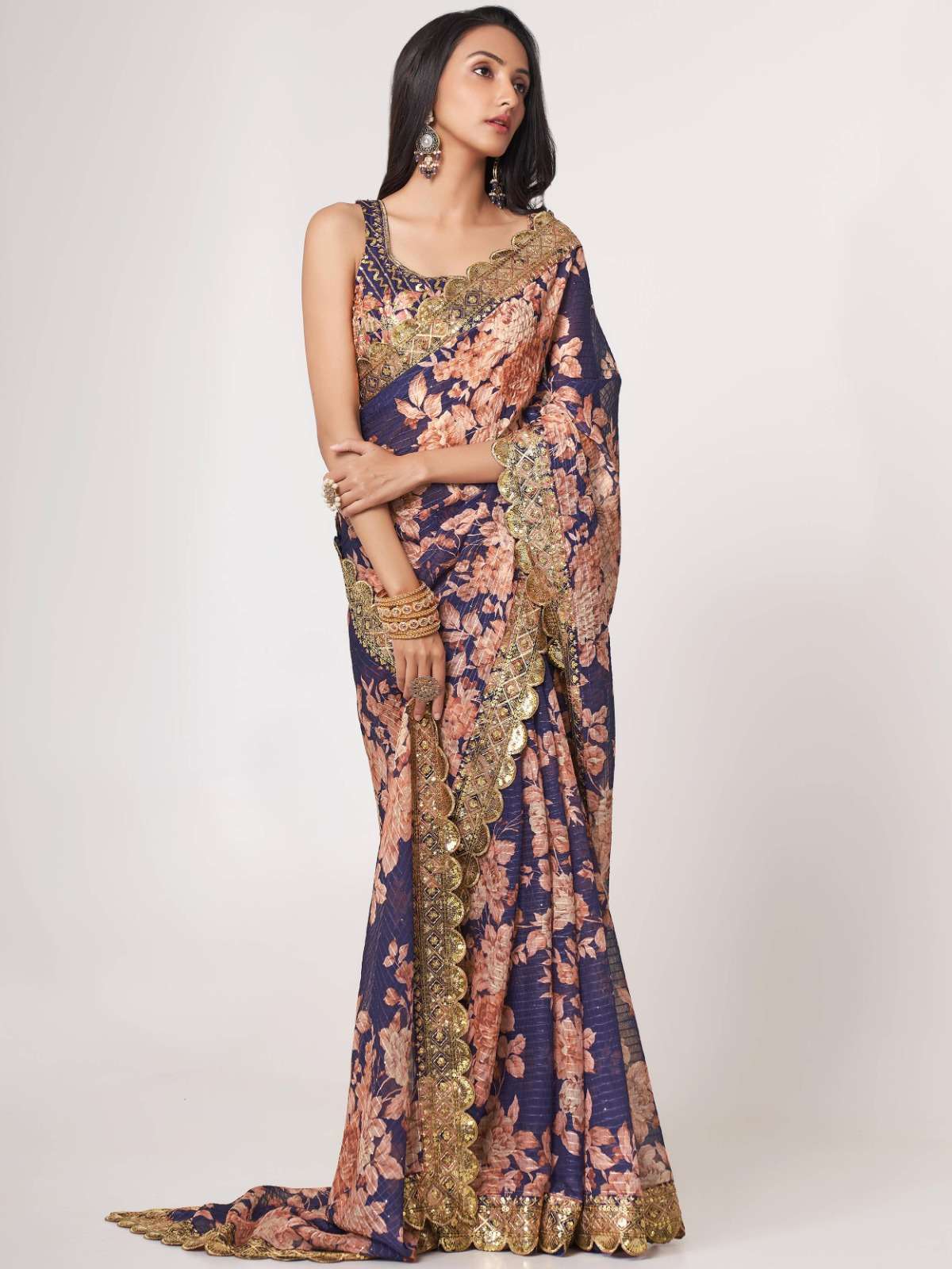 pr 1108 fancy floral printed purple color organza saree single design 