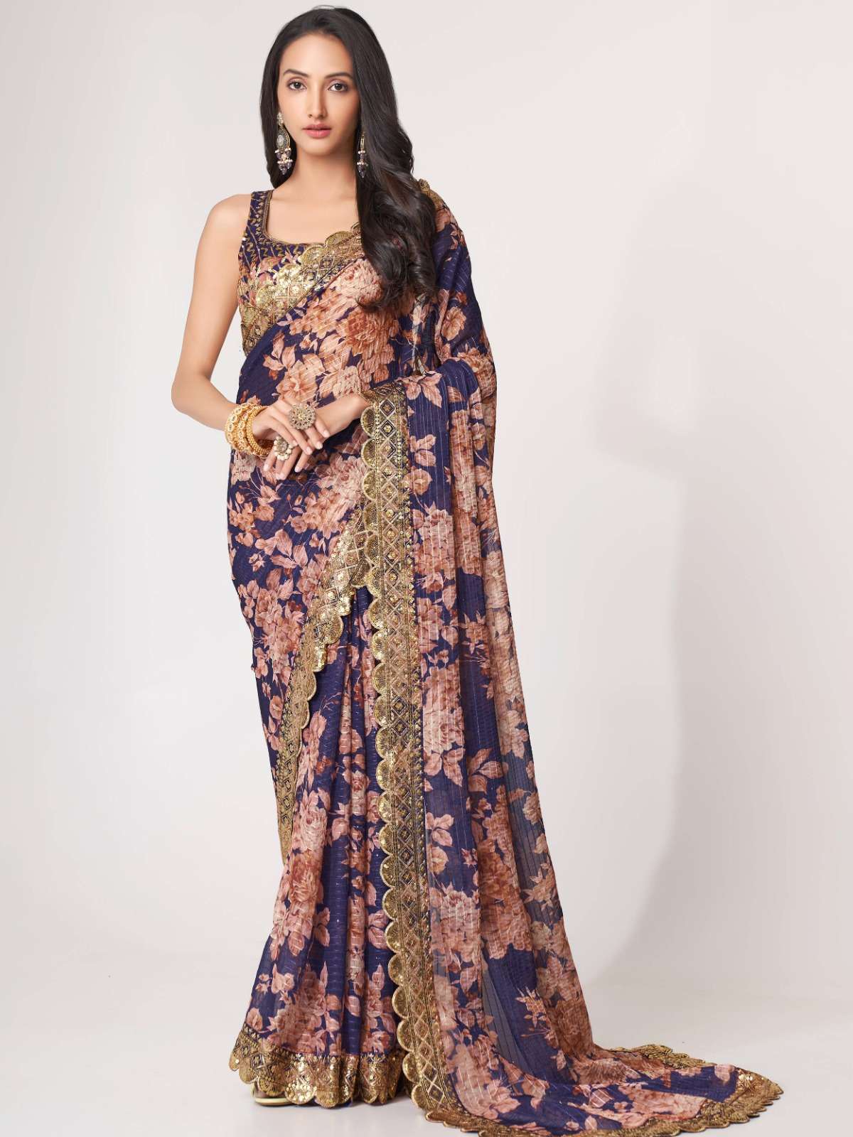 pr 1108 fancy floral printed purple color organza saree single design 