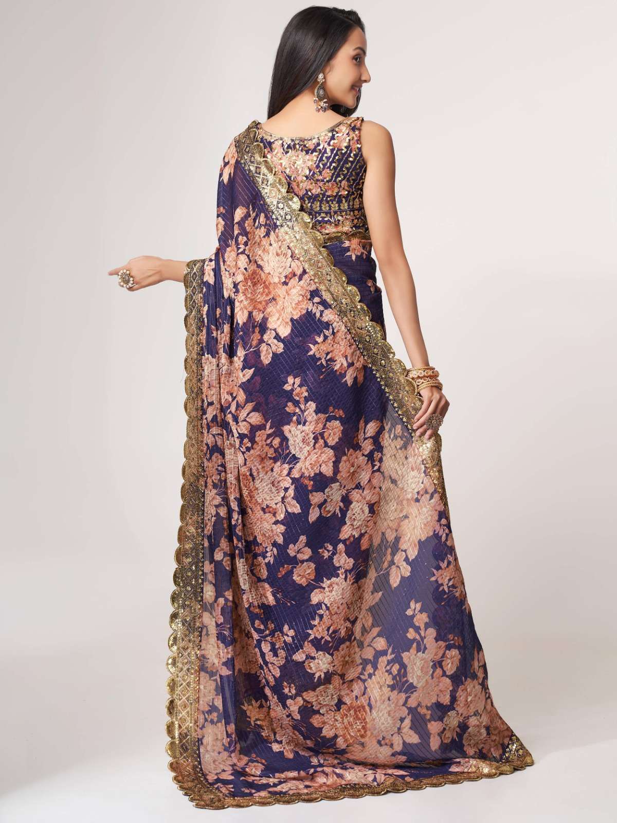 pr 1108 fancy floral printed purple color organza saree single design 