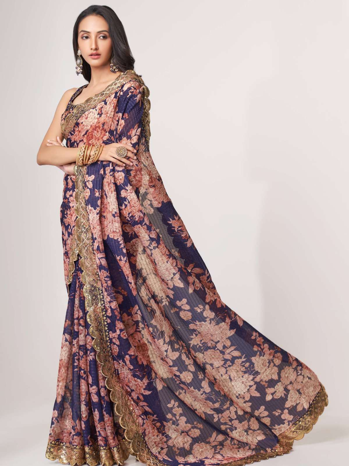 pr 1108 fancy floral printed purple color organza saree single design 