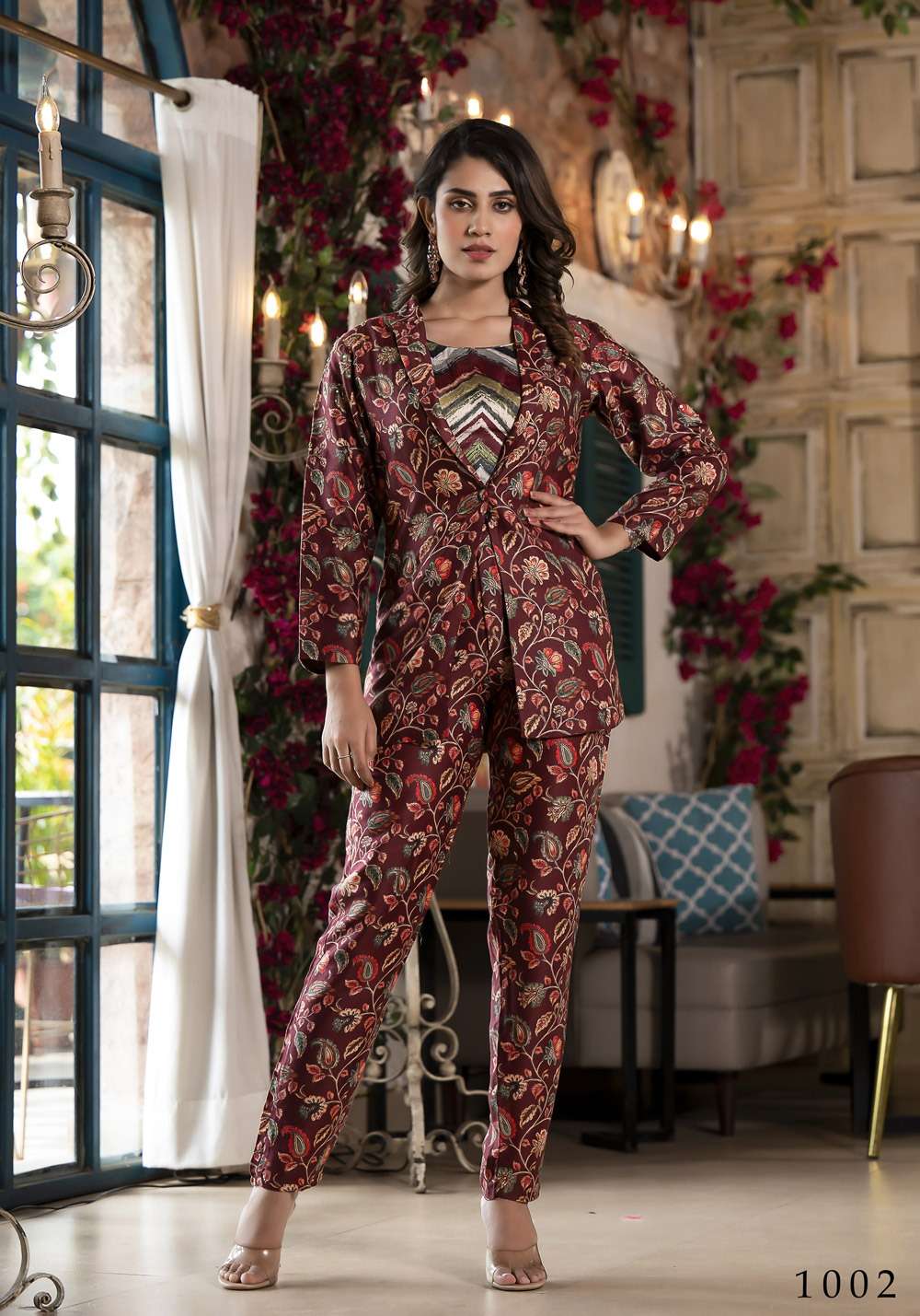 pr richie fancy cord set soft silk digital print readymade crop top with jacket and pant 