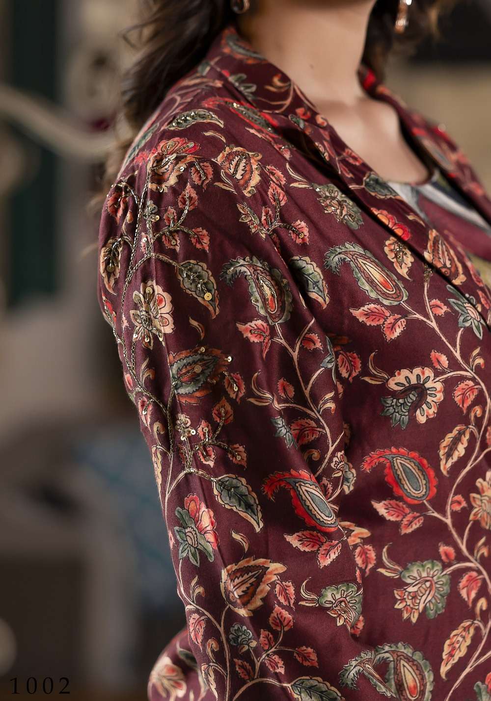 pr richie fancy cord set soft silk digital print readymade crop top with jacket and pant 