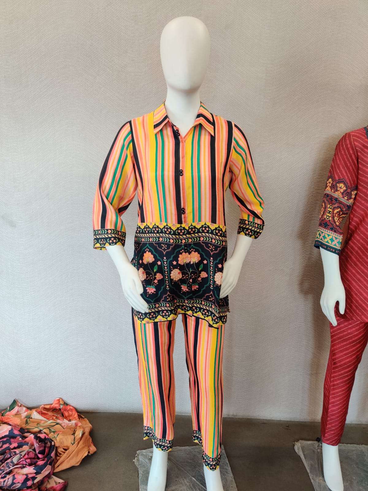 psyna 2289 fancy cord set muslin print open front tunic with pant combo set