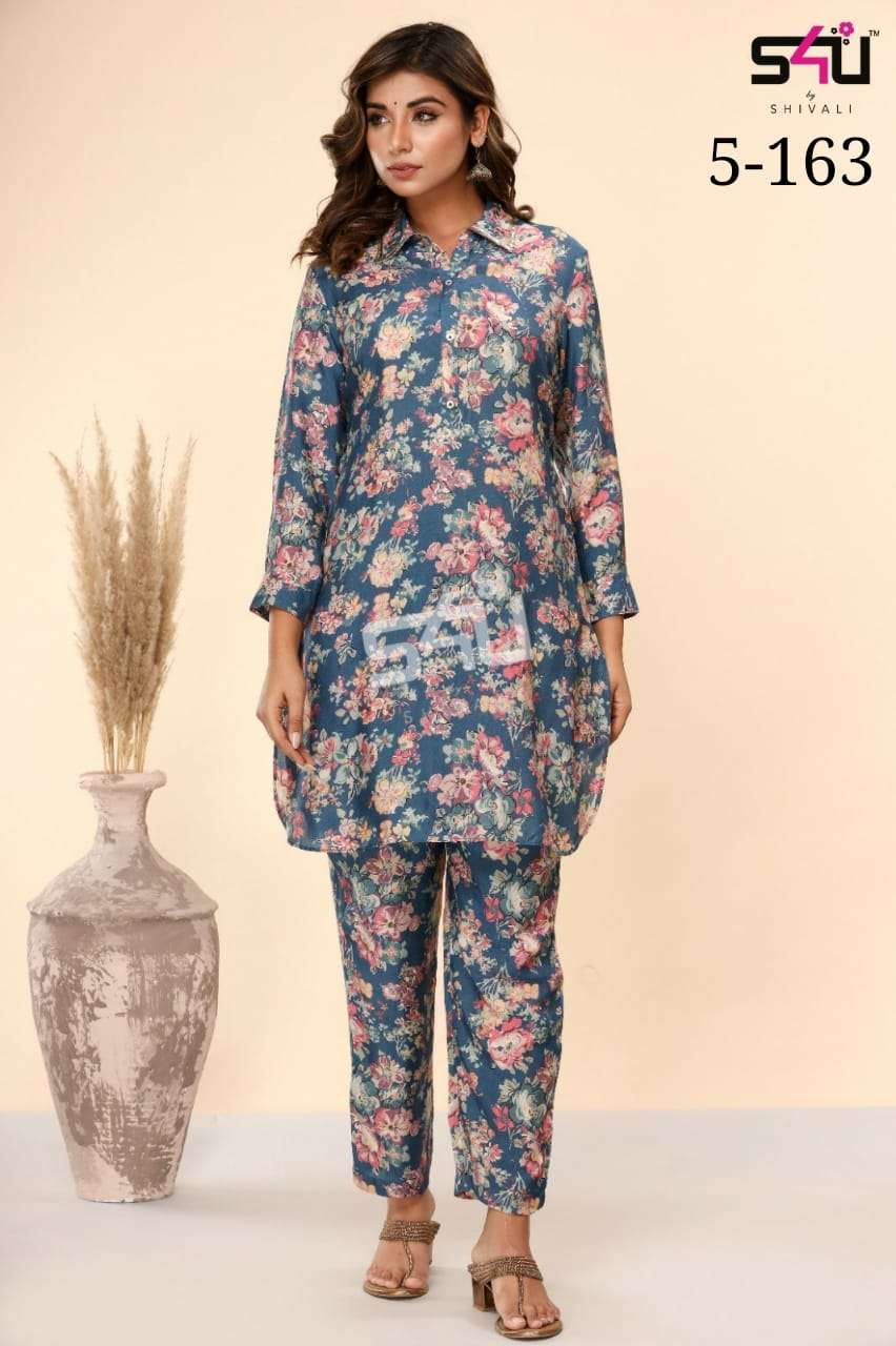 s4u pr 5-163 beautiful print cord set fancy kurti with pant combo set