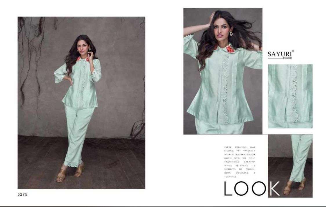 sayuri designer present juliet trendy cord set fancy amazing front open tunic with pant 