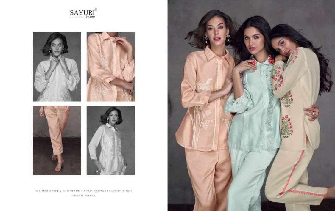 sayuri designer present juliet trendy cord set fancy amazing front open tunic with pant 