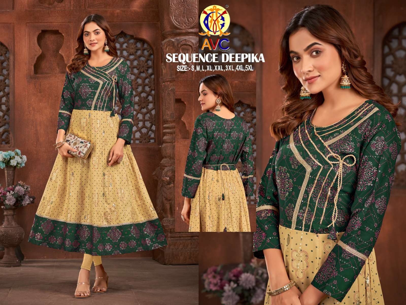 sequence deepika by avc creation readymade catalog fancy work long kurti 