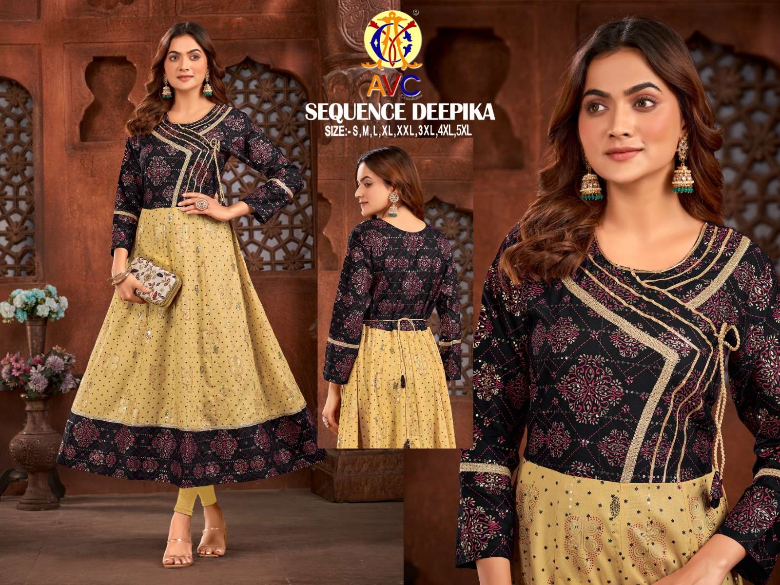sequence deepika by avc creation readymade catalog fancy work long kurti 