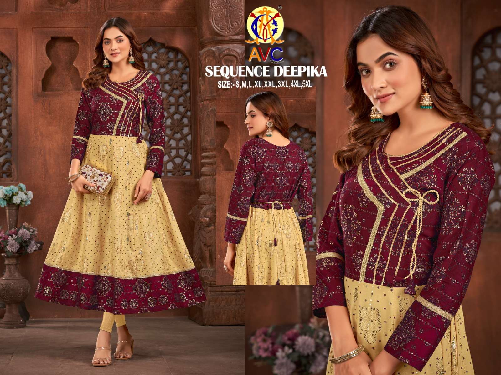 sequence deepika by avc creation readymade catalog fancy work long kurti 