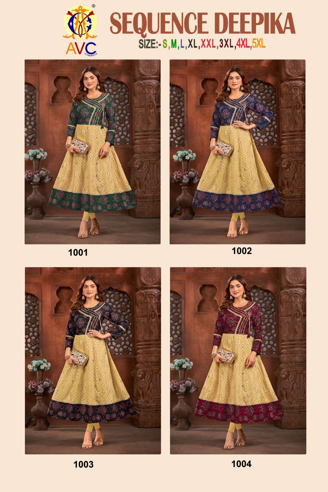 sequence deepika by avc creation readymade catalog fancy work long kurti 