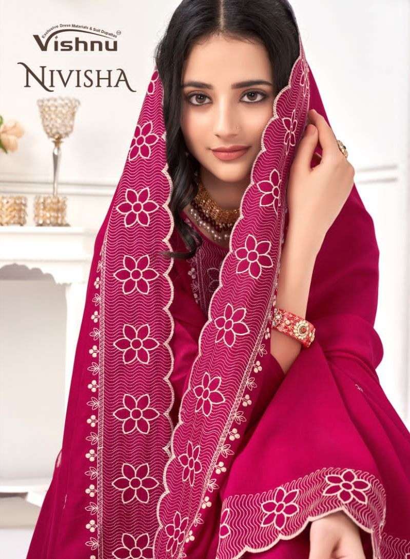 vishnu present nivisha festive wear designer work dress materials catalogue