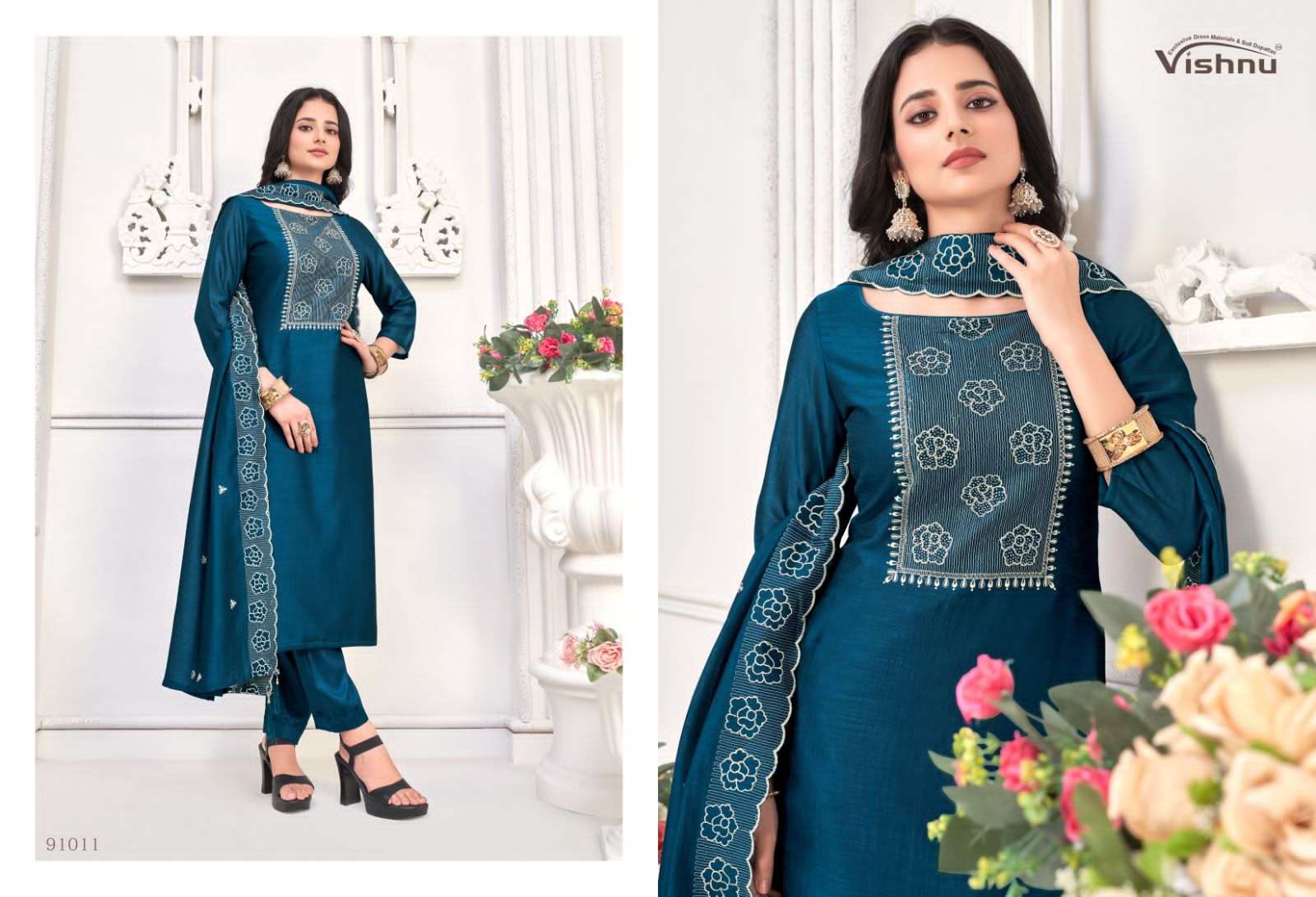 vishnu present nivisha festive wear designer work dress materials catalogue