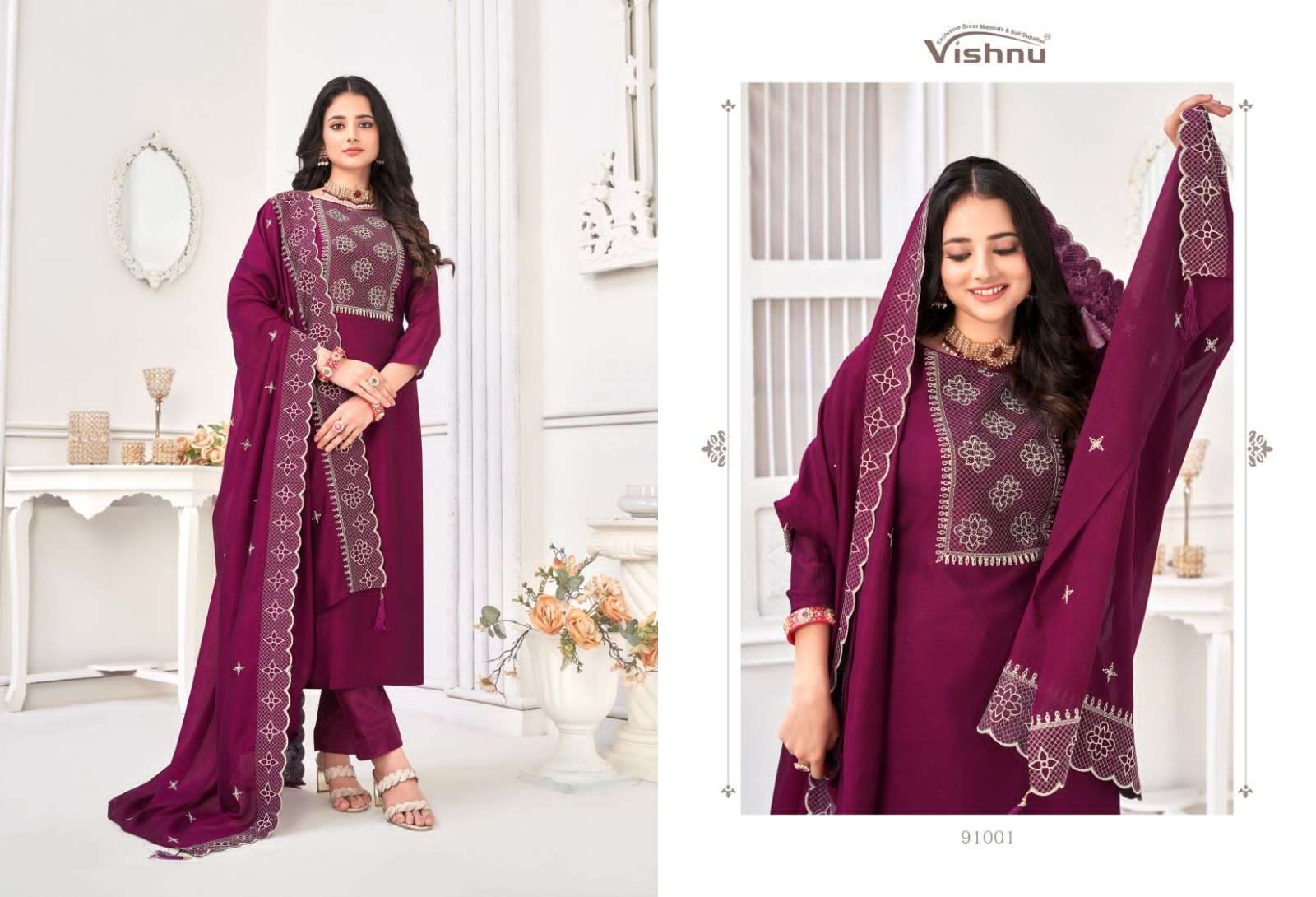 vishnu present nivisha festive wear designer work dress materials catalogue