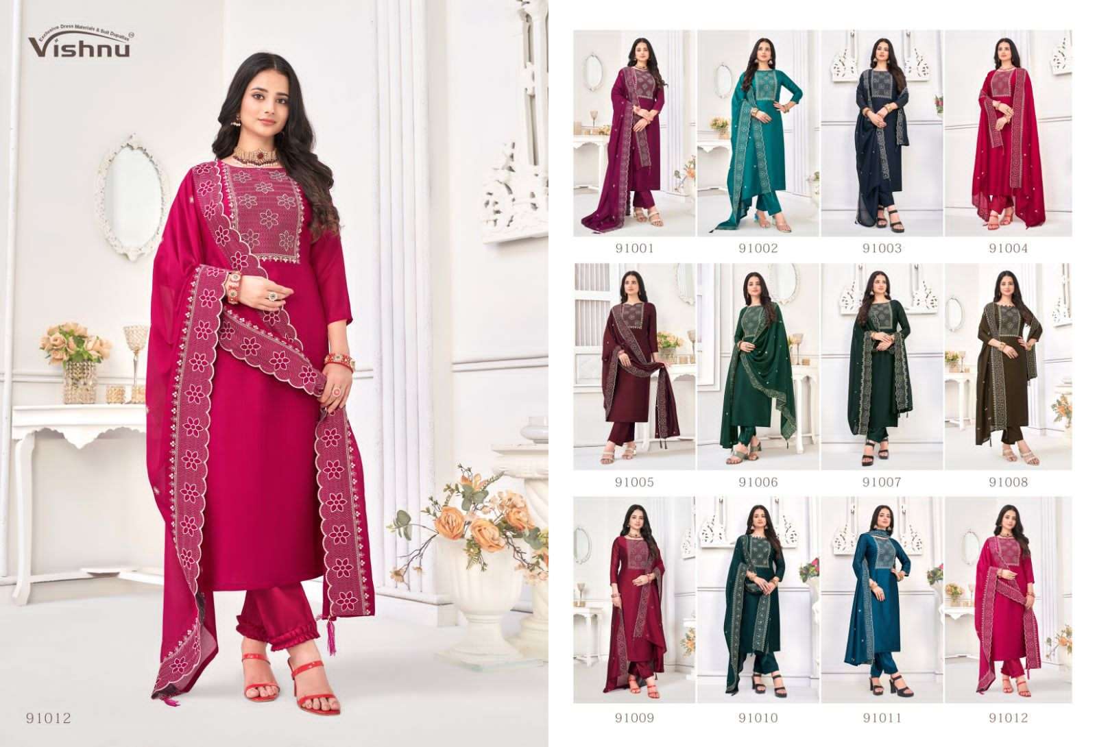 vishnu present nivisha festive wear designer work dress materials catalogue