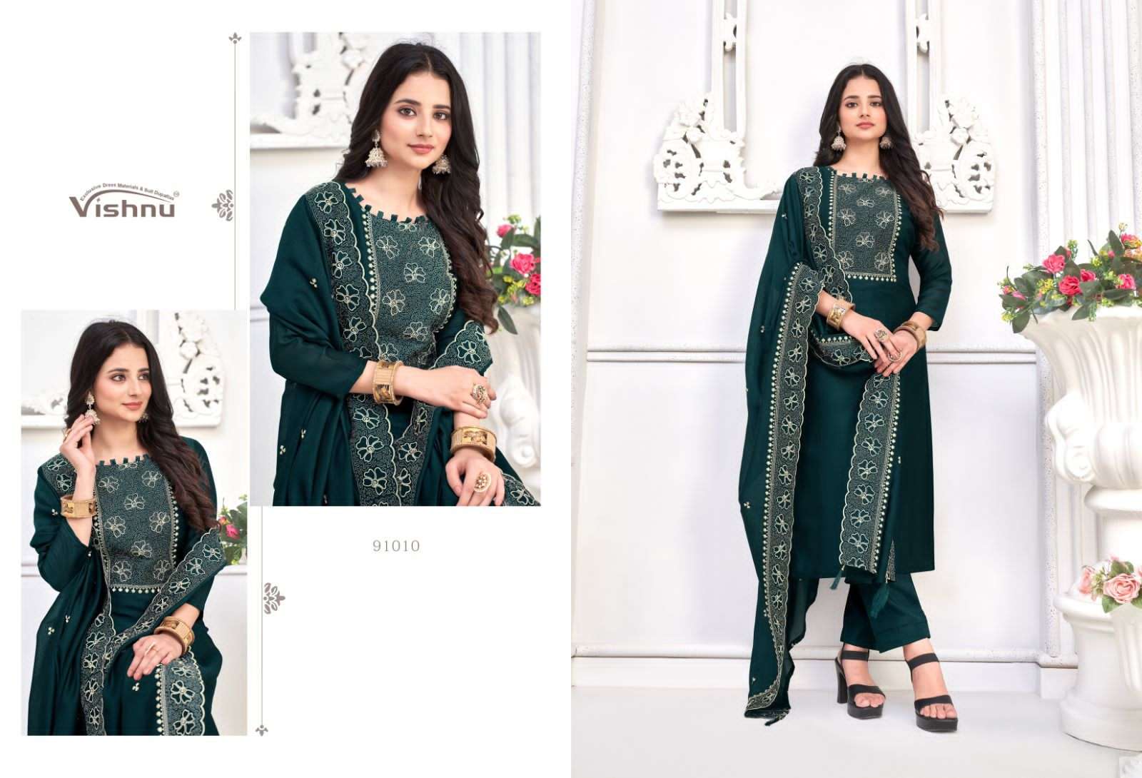 vishnu present nivisha festive wear designer work dress materials catalogue