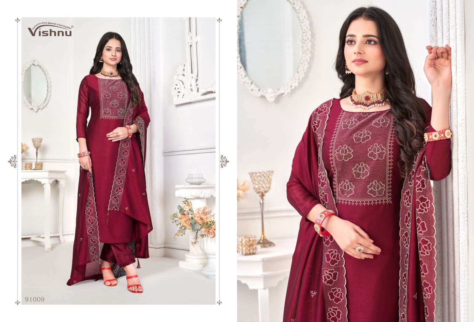 vishnu present nivisha festive wear designer work dress materials catalogue