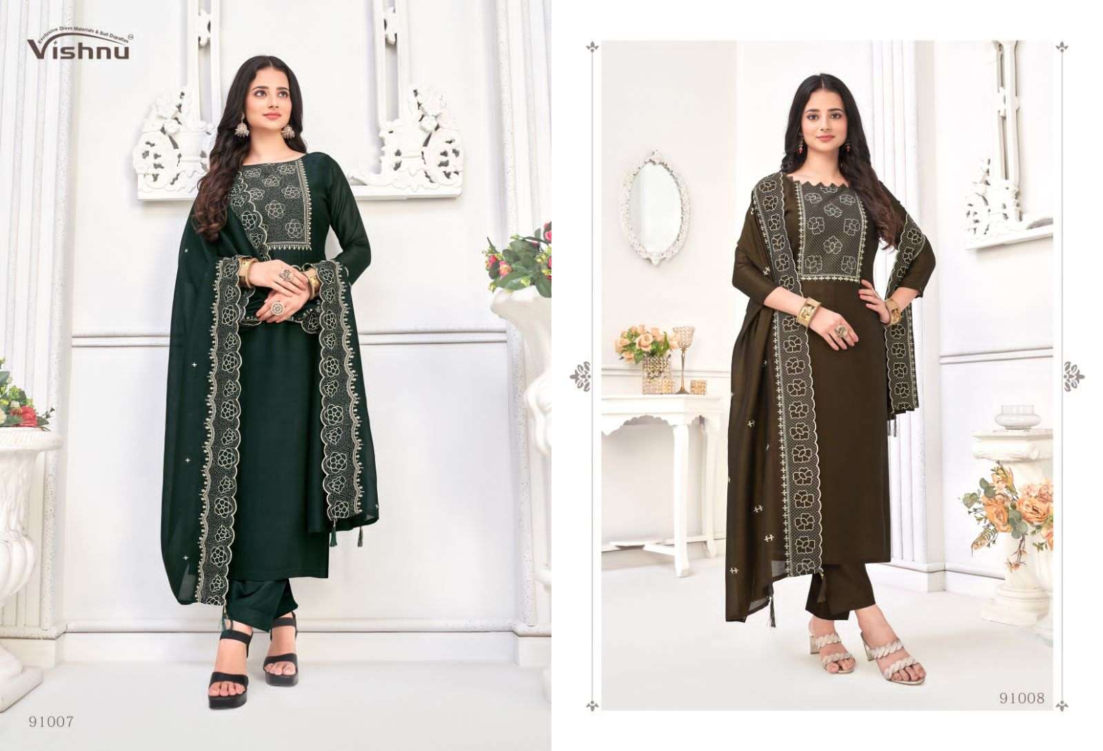 vishnu present nivisha festive wear designer work dress materials catalogue