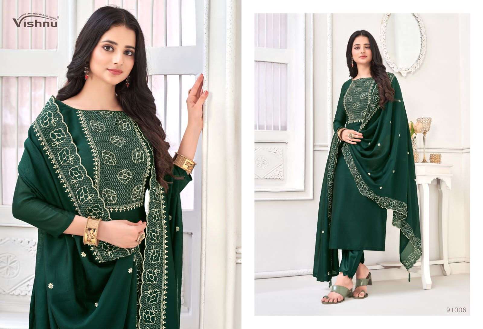 vishnu present nivisha festive wear designer work dress materials catalogue